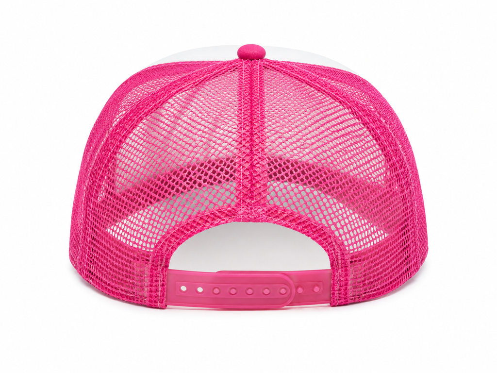 Back view of Good Vibes Trucker Hat showing full hot pink mesh back and pink plastic snapback closure with hot pink button top on white background
