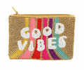 A rectangular gold-tone beaded pouch with a gold zipper, featuring the words 'GOOD VIBES' in white beads over vertical stripes of yellow, pink, red, purple, and teal.