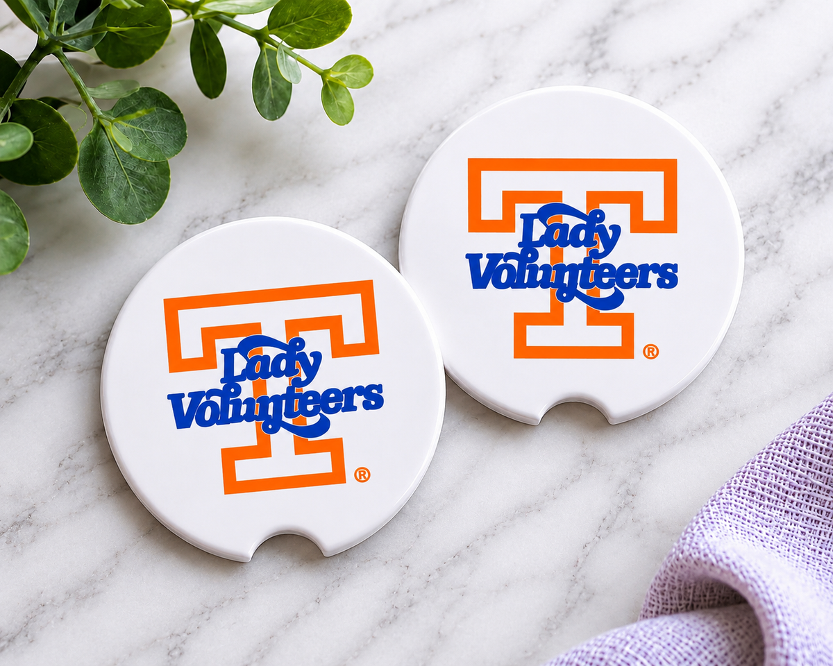 Tennessee Lady Vols Car Coaster Set — ceramic coasters with Lady Vols design, set of 2