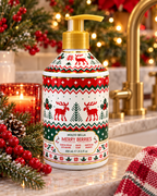 Molto Bella Merry Berries hand soap beside a sink with Christmas greenery, red berries, pinecones, a red candle, a plaid towel, and a gold faucet
