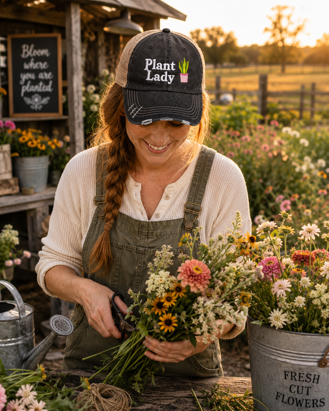 A smiling woman in a flower garden wears a black trucker hat with the text 'Plant Lady' and holds a bouquet of wildflowers while wearing green overalls. A galvanized bucket labeled 'FRESH CUT FLOWERS' sits nearby, with a rustic garden shed and flowers in the background.
