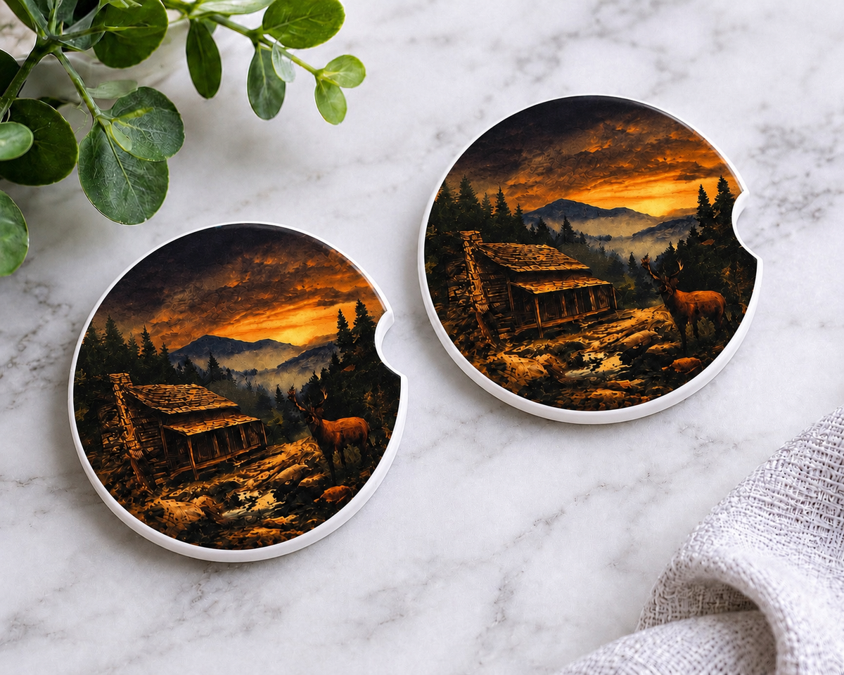 Mountain Cabin Sunset Car Coaster Set — set of 2 ceramic coasters with rustic log cabin, deer, and dramatic orange sunset over misty mountains, on marble background
