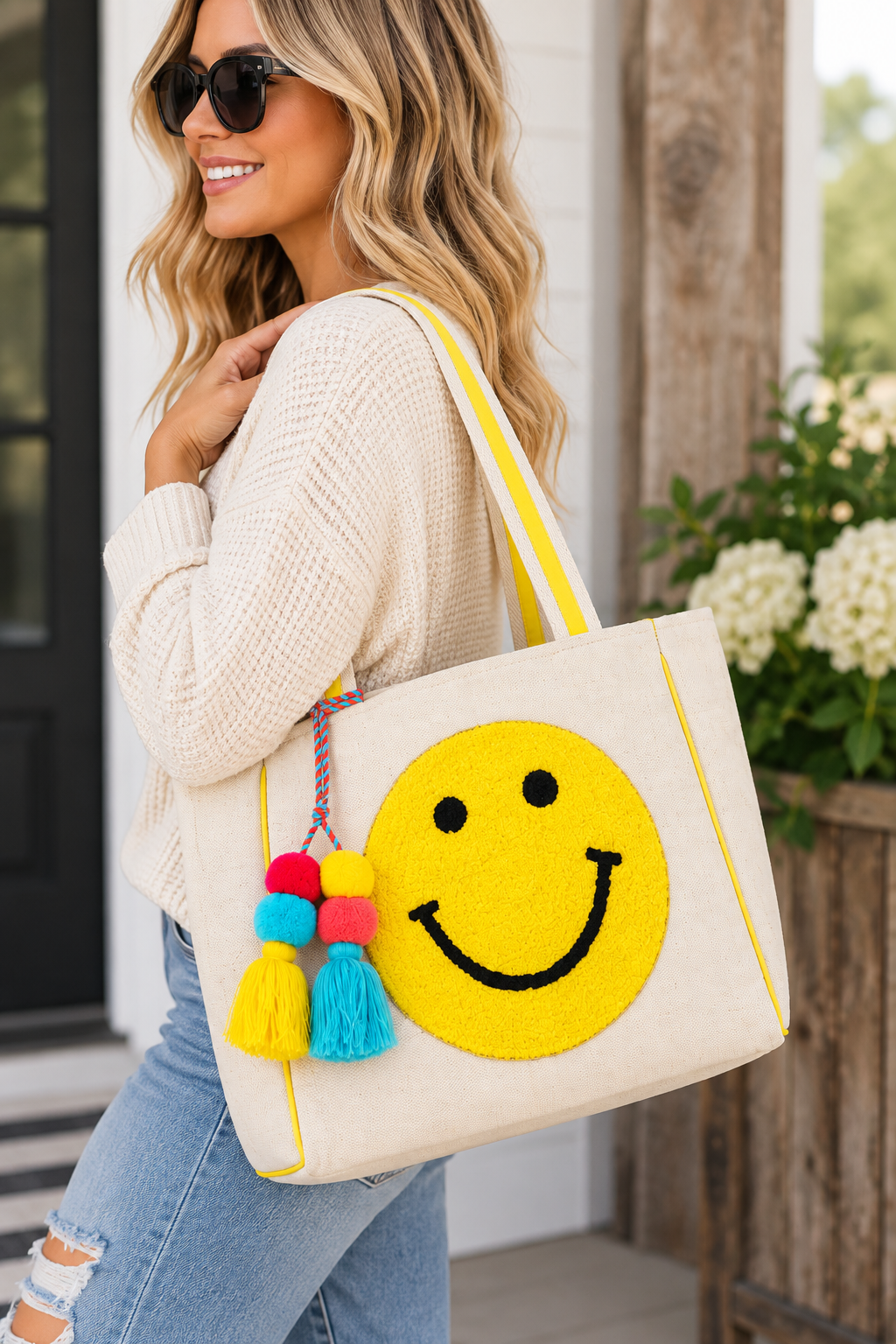 Woman carrying Smiley Face Tote Bag over shoulder showing natural canvas body with large textured yellow smiley face, yellow striped handles, and colorful pom-pom tassel with cream sweater and sunglasses on porch with hydrangeas
