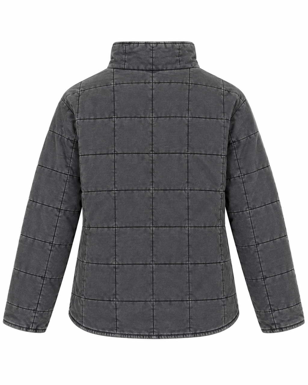 Back view of Charcoal Garment Washed Quilted Jacket showing charcoal washed quilted grid back panel, stand-up collar, curved hem, and long sleeves on white background
