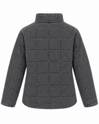 Back view of Charcoal Garment Washed Quilted Jacket showing charcoal washed quilted grid back panel, stand-up collar, curved hem, and long sleeves on white background

