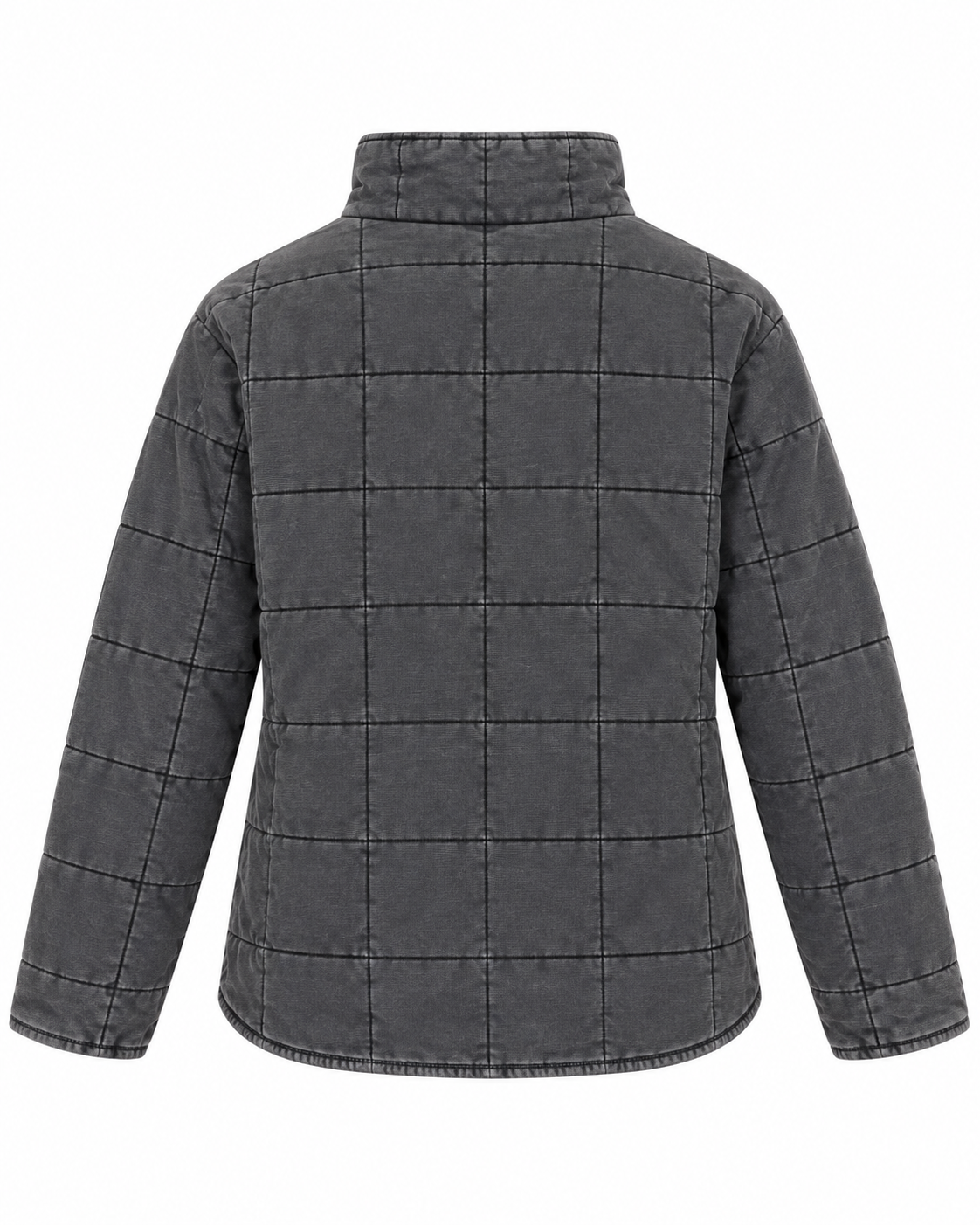Back view of Charcoal Garment Washed Quilted Jacket showing charcoal washed quilted grid back panel, stand-up collar, curved hem, and long sleeves on white background
