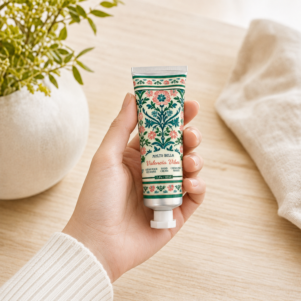 Molto Bella Valencia Vibes 2 oz hand cream held in hand against a soft neutral lifestyle background with greenery and cream fabric.