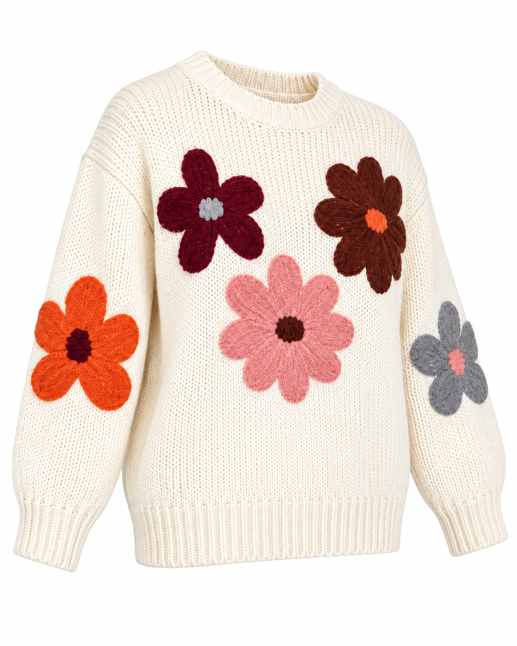 Cream Floral Knit Stitched Sweater three-quarter angle view showing cream ribbed knit, oversized 3D knit floral appliqués in burgundy, brown, pink, orange, and gray, balloon-style sleeves, and ribbed cuffs and hem on white background
