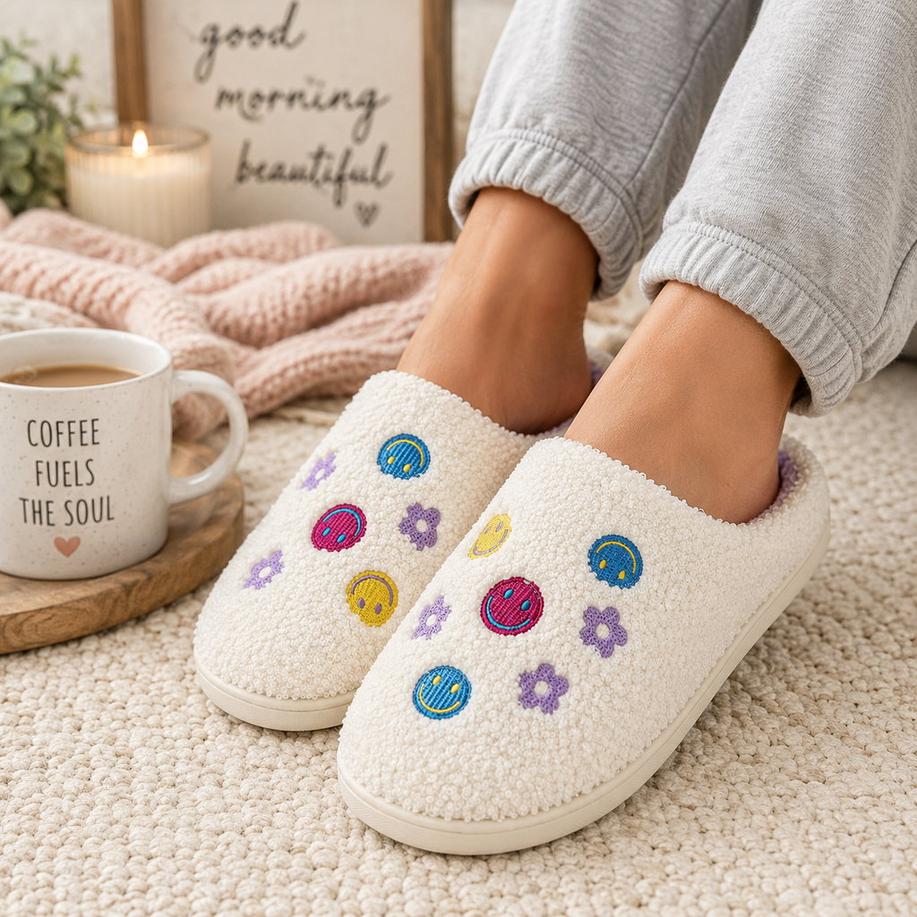 Woman wearing Ivory Smiley Face Fuzzy Slippers in a cozy home setting with a coffee mug and candle, showing colorful embroidered smiley faces and purple daisy flowers on ivory fuzzy exterior
