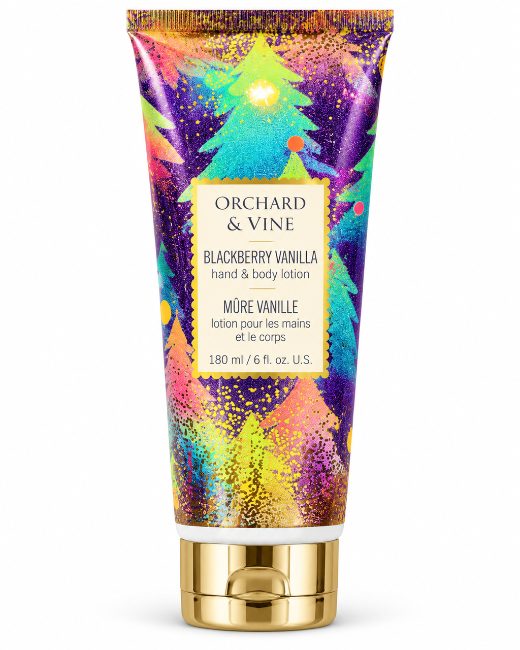 Front view of Orchard & Vine Blackberry Vanilla lotion showing colorful Christmas trees on purple packaging and the 6 fl oz label
