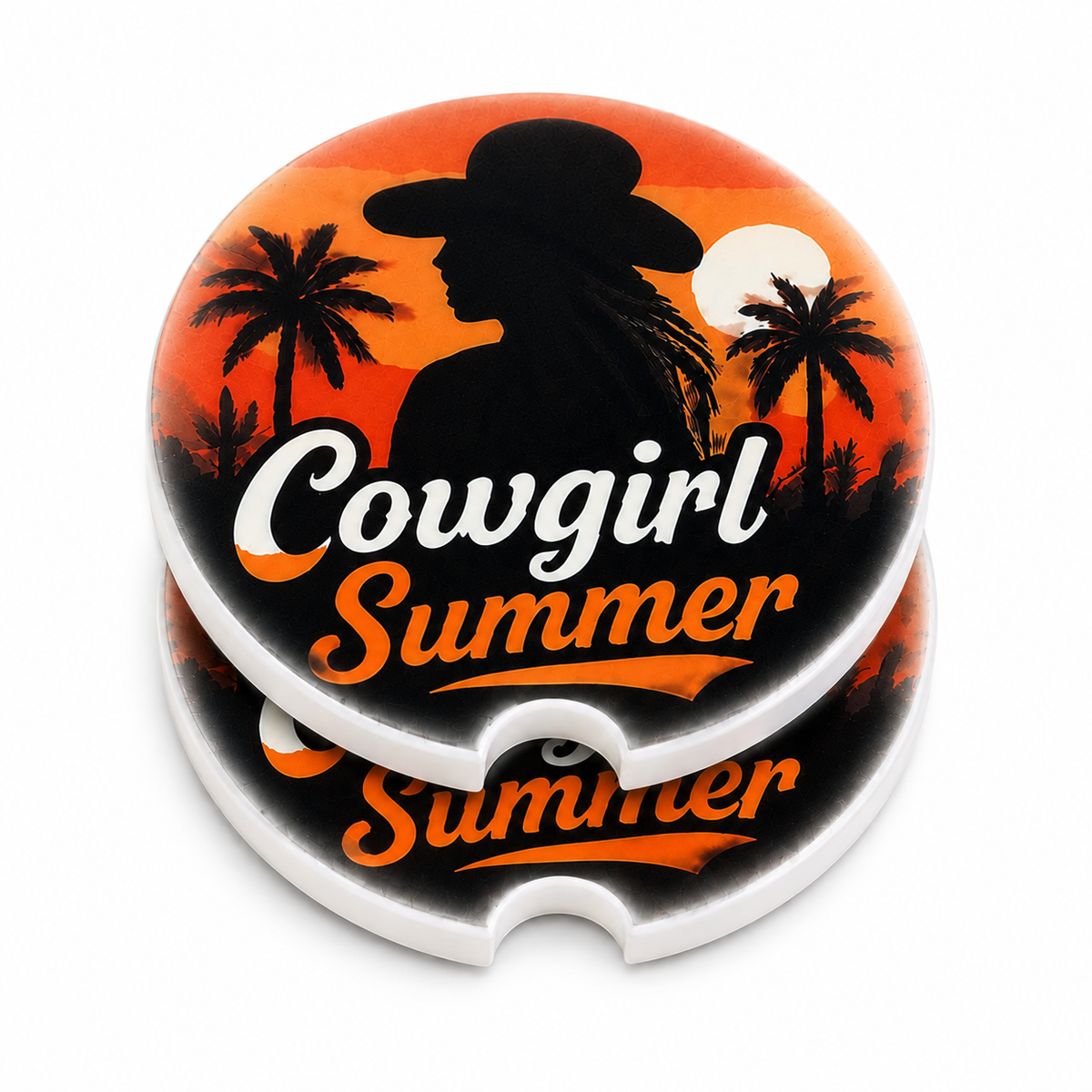 Cowgirl Summer ceramic car coasters stacked showing thickness and finger notch cutout — cowgirl silhouette with palm trees and orange sunset design, set of 2
