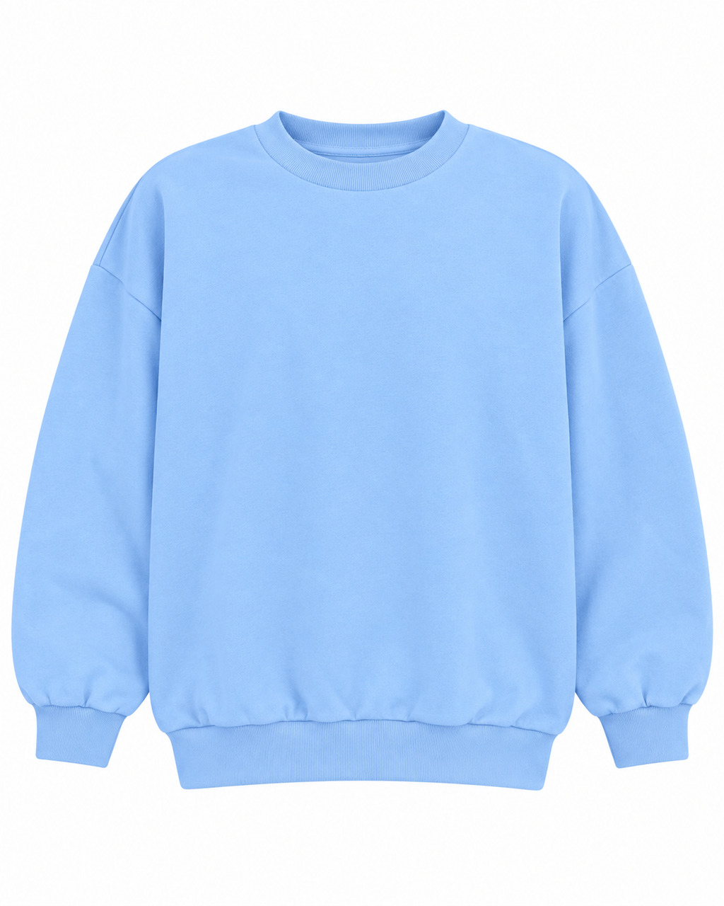 Front view of the plain light blue crewneck sweatshirt with long sleeves and ribbed cuffs and hem
