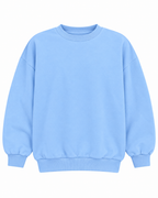 Front view of the plain light blue crewneck sweatshirt with long sleeves and ribbed cuffs and hem
