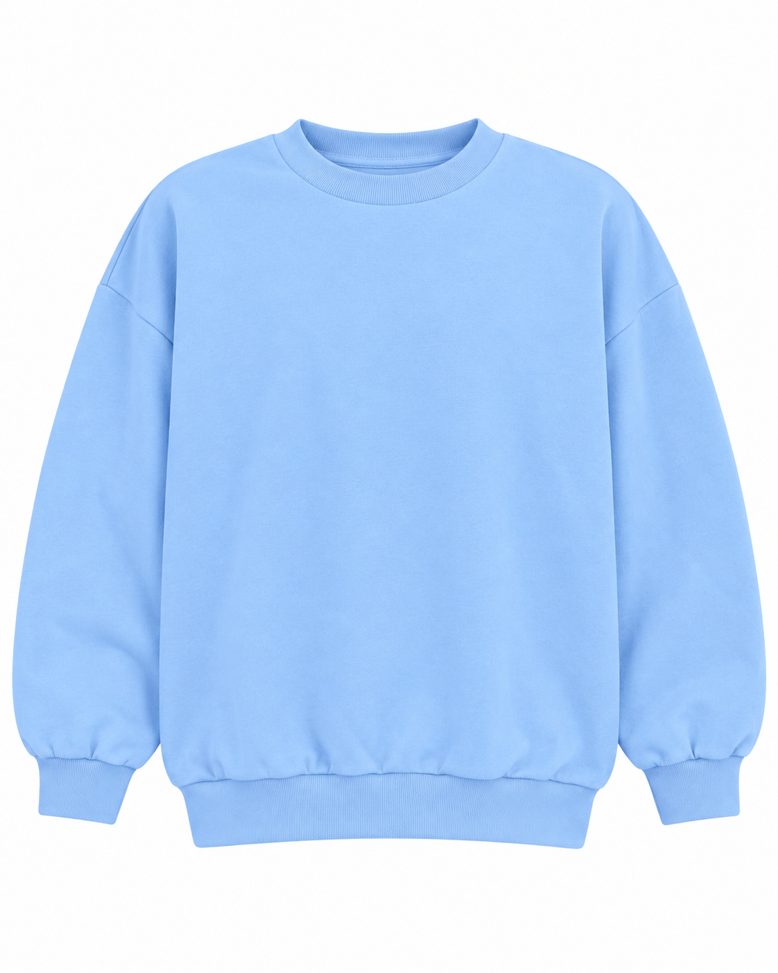 Front view of the plain light blue crewneck sweatshirt with long sleeves and ribbed cuffs and hem

