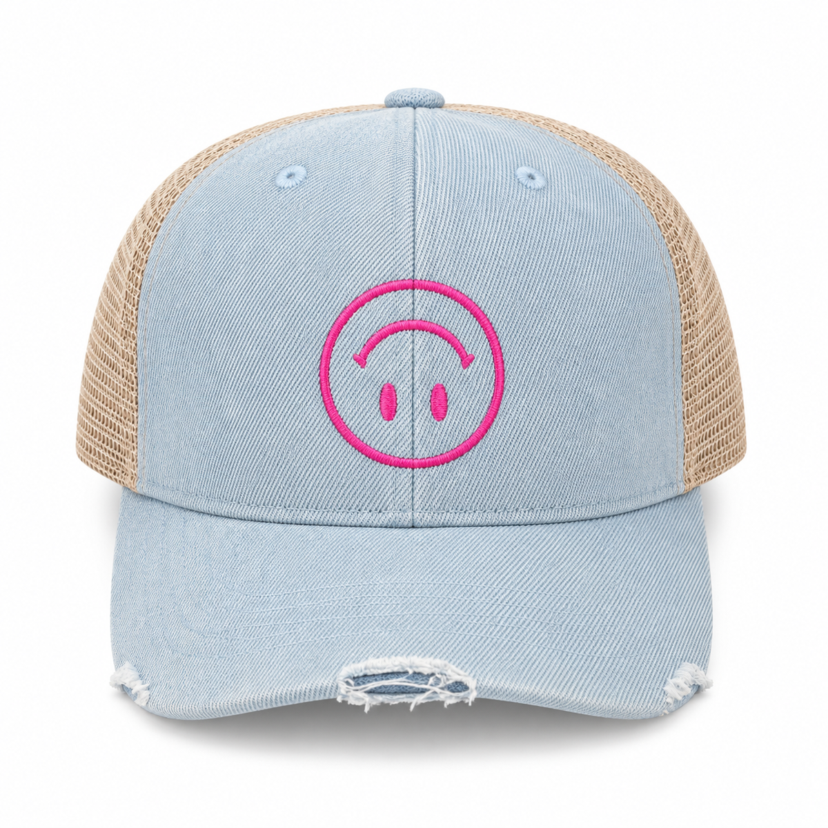 Light blue distressed trucker hat with hot pink embroidered upside-down smiley face, front view
