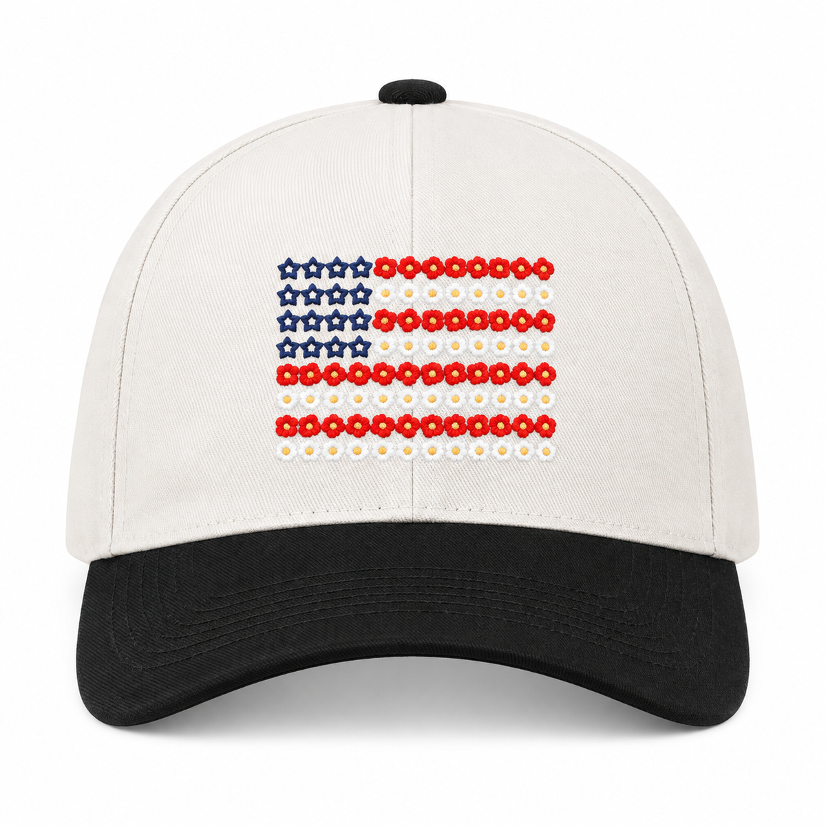 Star Floral American Flag Baseball Cap in Black front view showing cream structured cotton crown with embroidered floral American flag featuring navy star outlines, red daisy flowers and white daisy stripes, black bill, and black top button on white background
