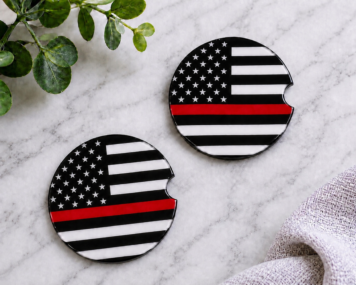 Thin Red Line Car Coaster Set — set of 2 ceramic car coasters with black and white American flag and thin red line design on marble background
