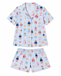 Teddy Bear Pajama Short Set flat lay showing light blue button-front short-sleeve top and matching shorts with all-over illustrated fashion teddy bear print and white contrast piping on collar, cuffs, pocket, and shorts hem on white background
