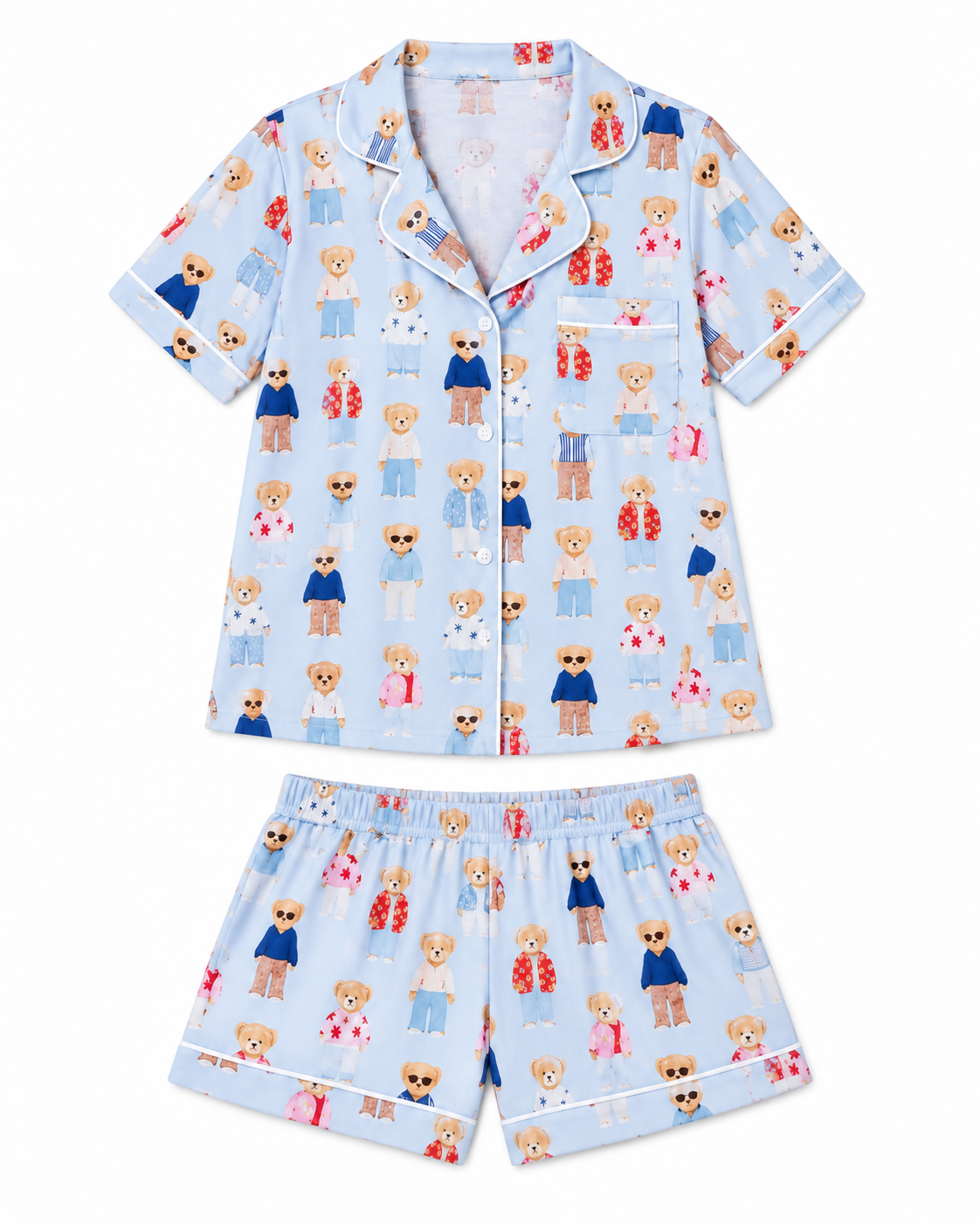 Teddy Bear Pajama Short Set flat lay showing light blue button-front short-sleeve top and matching shorts with all-over illustrated fashion teddy bear print and white contrast piping on collar, cuffs, pocket, and shorts hem on white background
