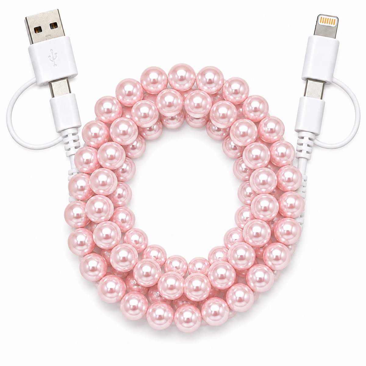 Pearl pink beaded multi charging cable with USB and phone charging connectors
