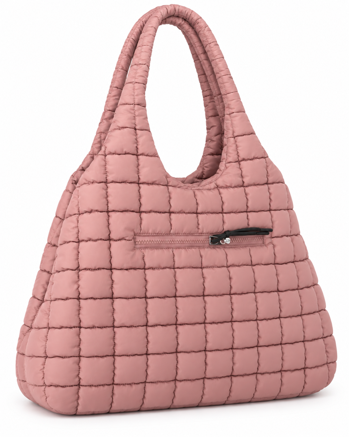 Mauve Quilted Tote Bag three-quarter angle view showing soft mauve puffer quilted body, rounded hobo shape, padded loop shoulder handle, and front exterior zippered pocket with black tassel on white background
