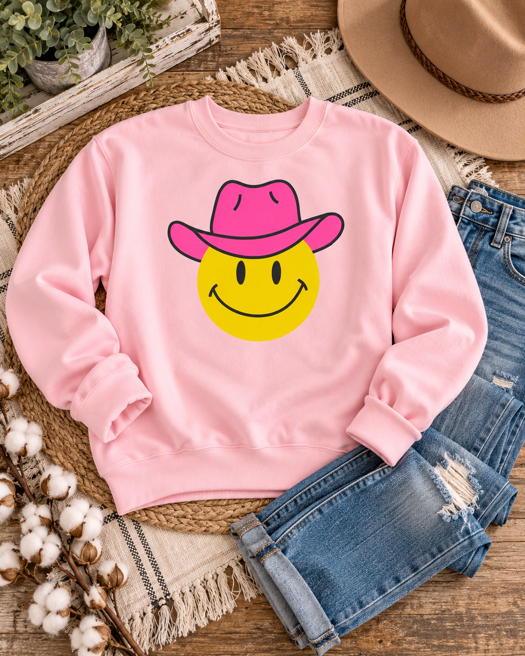 Light pink cowgirl smiley sweatshirt styled with distressed jeans, a tan hat, cotton stems, greenery, and a fringed throw
