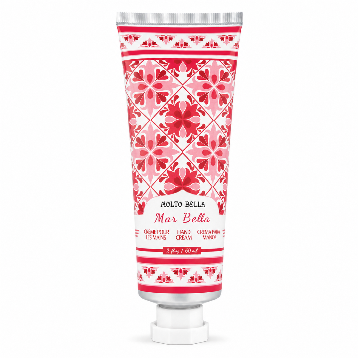 Molto Bella Mar Bella hand cream 2 oz tube with pink and red tile-inspired packaging