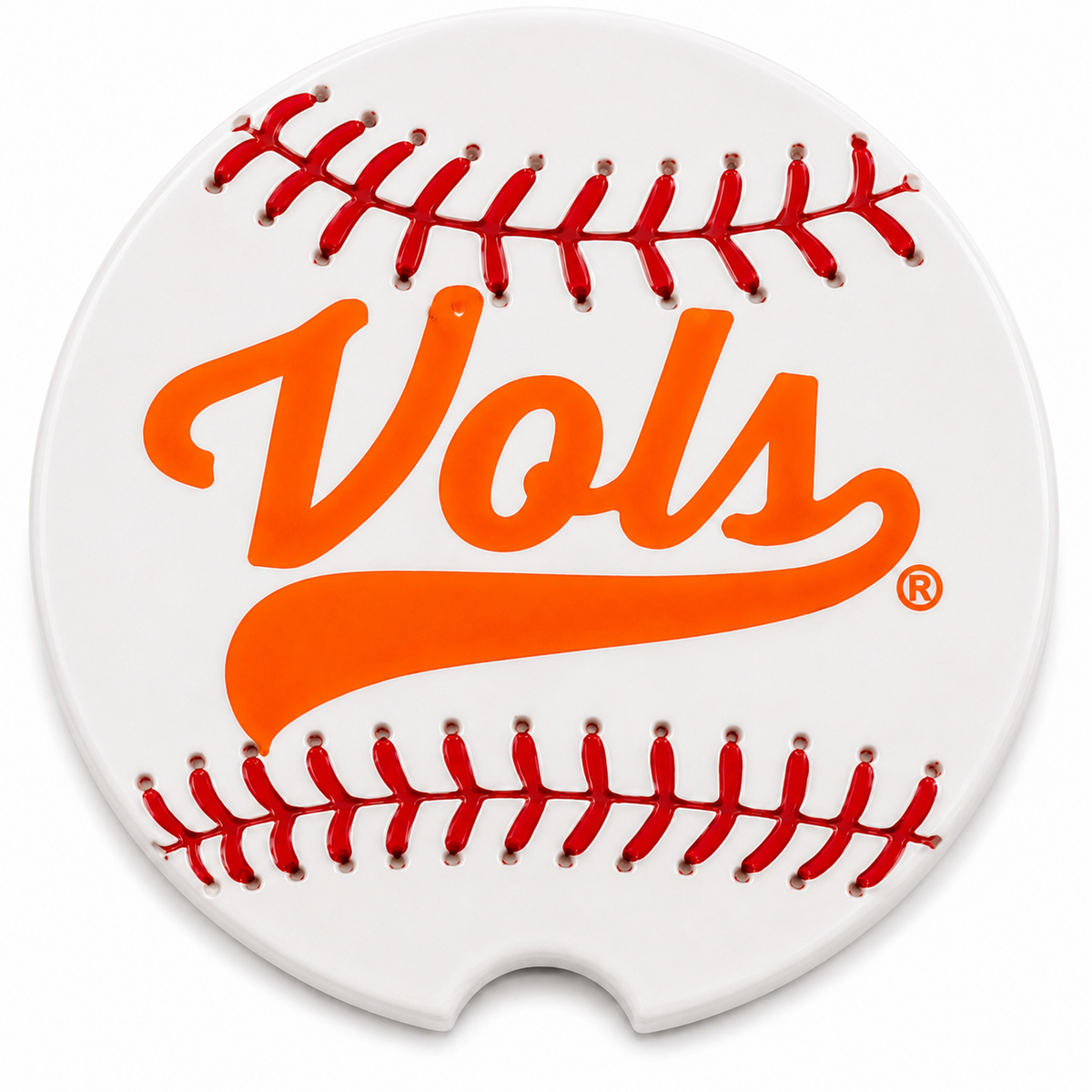 Close-up of Tennessee Vols baseball design on ceramic car coaster
