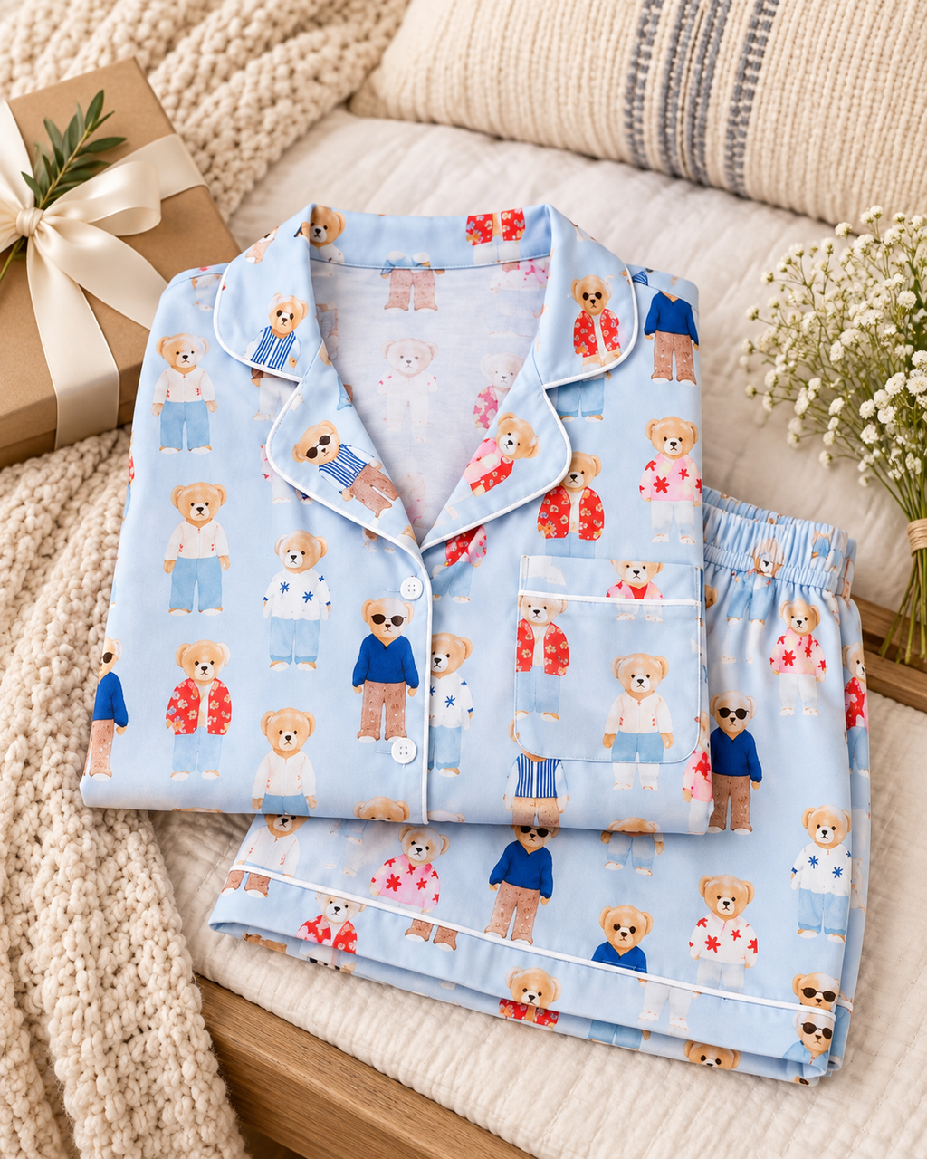Teddy Bear Pajama Short Set folded neatly on rustic wood tray on cozy bed showing light blue all-over illustrated fashion teddy bear print with white piping beside wrapped gift box with bow, white wildflowers, and woven cream throw blanket
