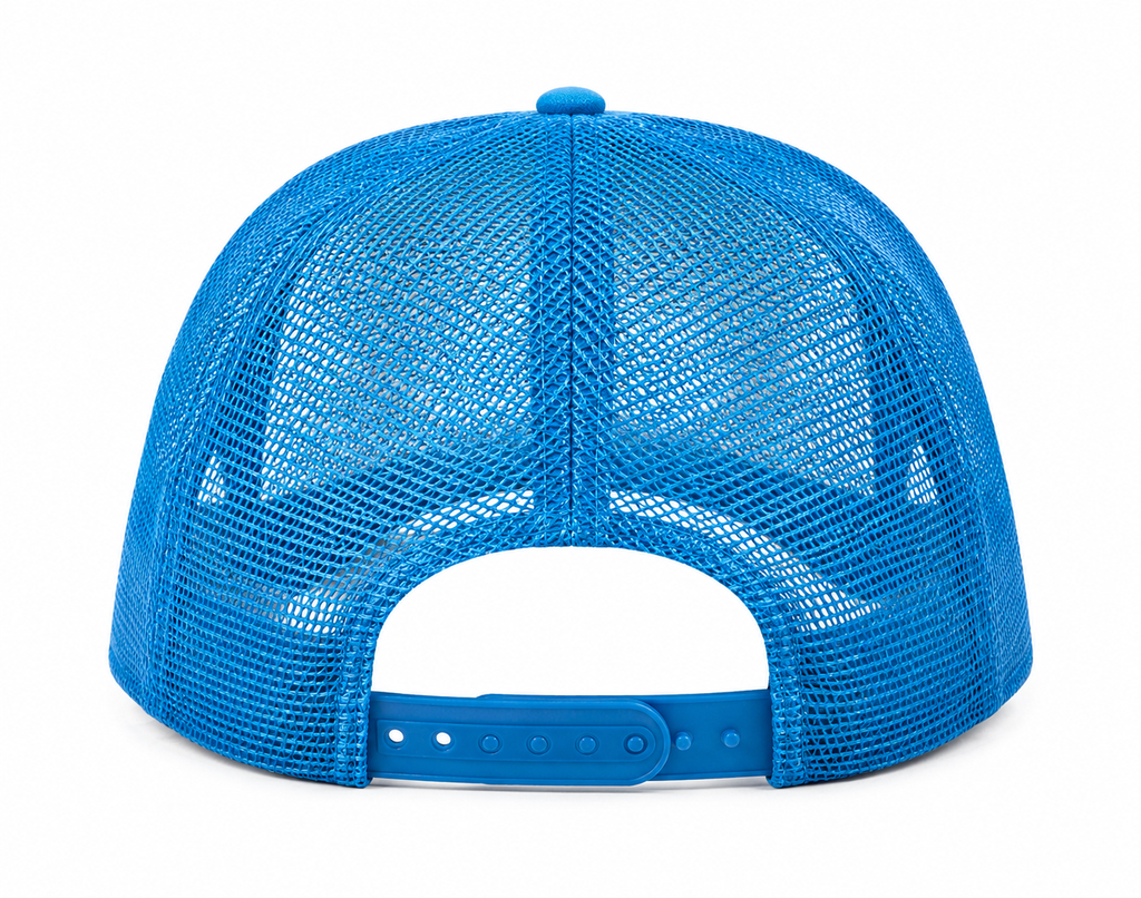 Back view of Good Vibes Trucker Hat showing bright blue mesh back panels and adjustable snapback closure, on a white background.

