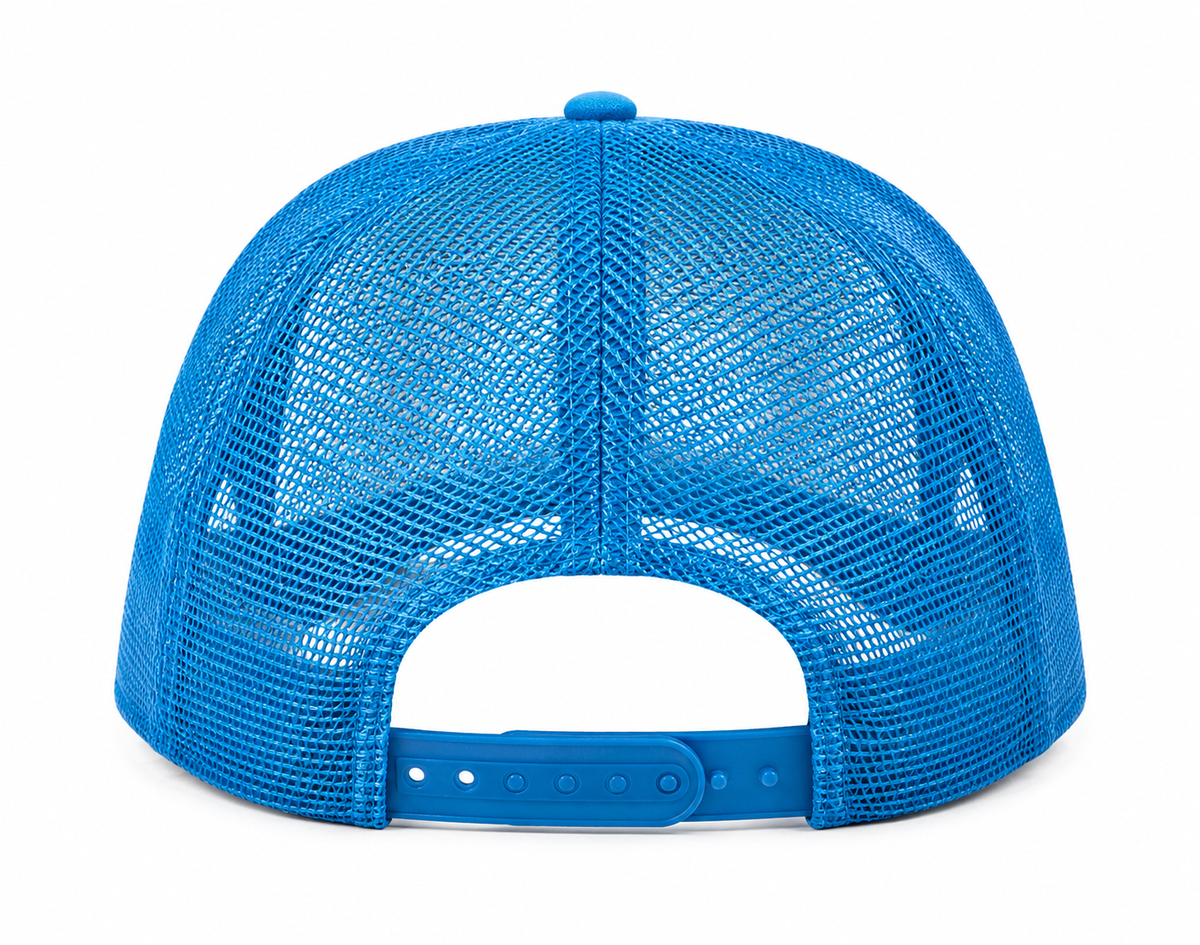 Back view of Good Vibes Trucker Hat showing bright blue mesh back panels and adjustable snapback closure, on a white background.
