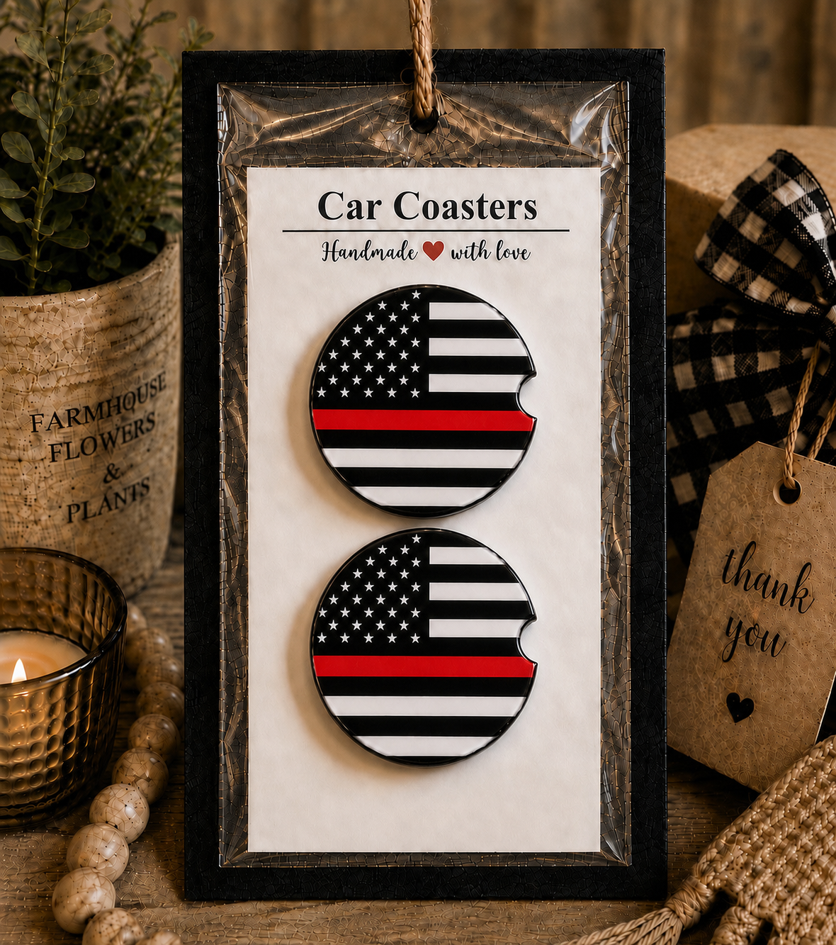 Thin Red Line Car Coaster Set in handmade packaging — gift-ready ceramic coasters with black and white American flag and thin red line design, set of 2
