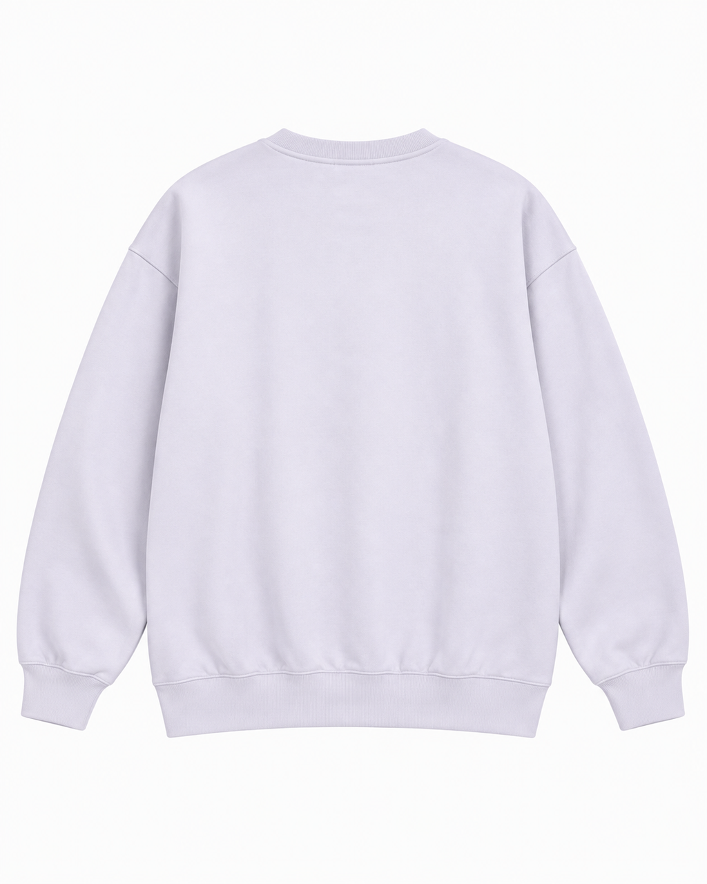 Back view of the light lavender sweatshirt showing its plain back, long sleeves, and ribbed cuffs and hem
