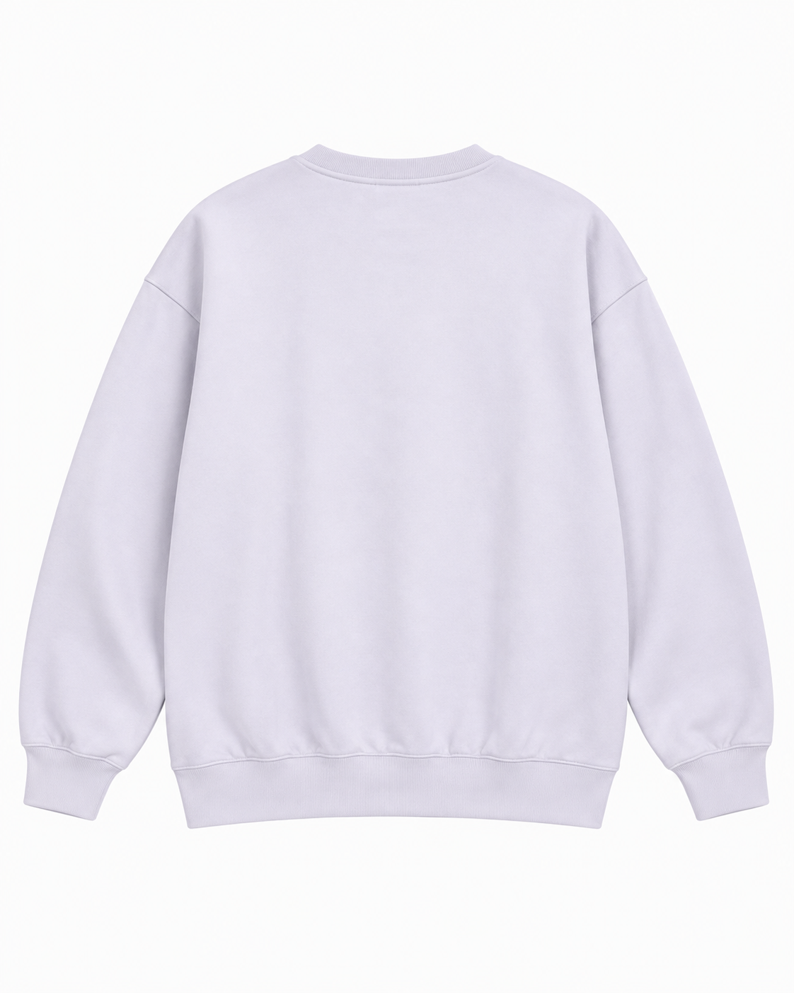 Back view of the light lavender sweatshirt showing its plain back, long sleeves, and ribbed cuffs and hem
