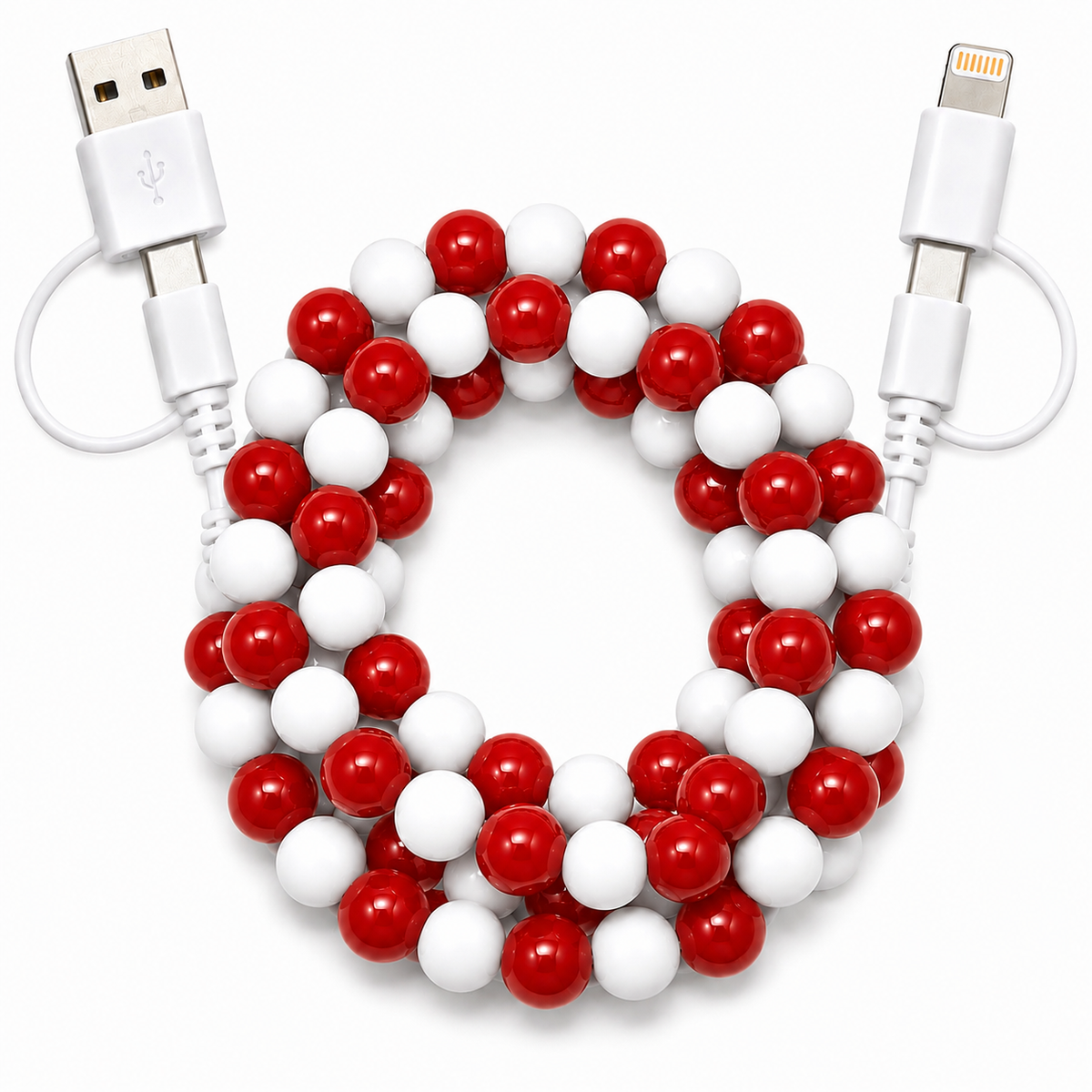 Red and white beaded multi charging cable with USB and phone charging connectors