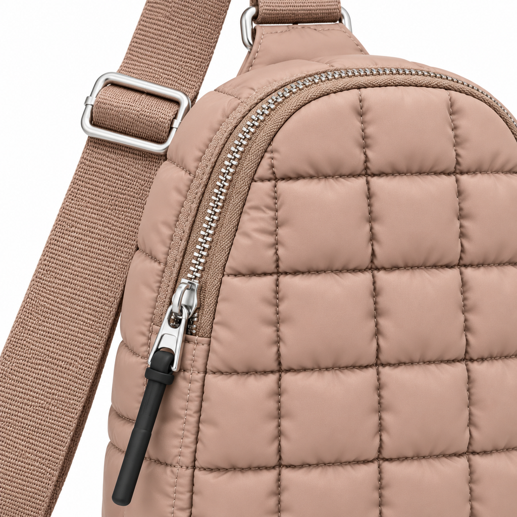 Close-up of Taupe Quilted Sling Bag showing soft taupe puffer nylon grid-quilted square texture, diagonal main zipper with silver zipper teeth and black rubberized zipper pull, and adjustable taupe woven strap with silver slide buckle

