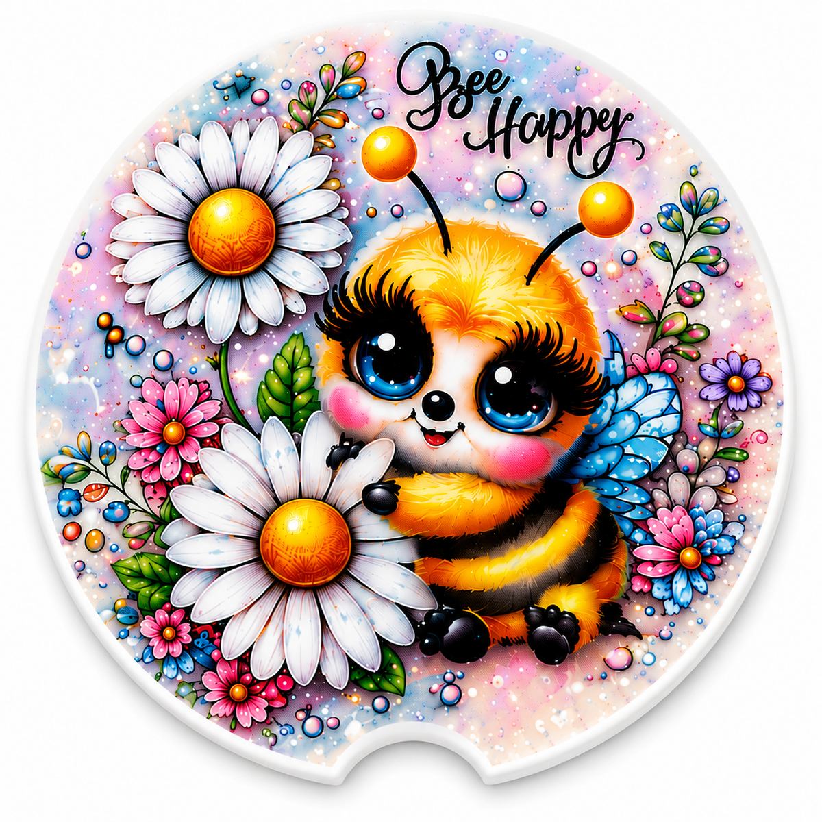 Close-up of Bee Happy ceramic car coaster with cute bee and daisy floral design on white background
