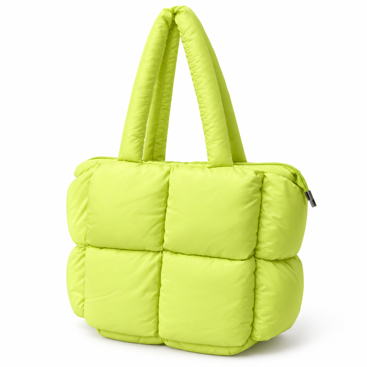Lime Mini Puffer Tote Bag three-quarter angle view showing bright lime green puffer nylon with large 6-panel quilted squares, dual tubular puffer shoulder handles, and silver zippered top closure on white background
