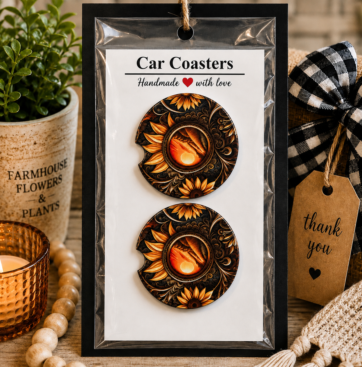 Sunflower Tooled Leather Car Coaster Set in handmade packaging — gift-ready ceramic coasters with dark amber tooled leather sunflowers and glowing sunset medallion, set of 2
