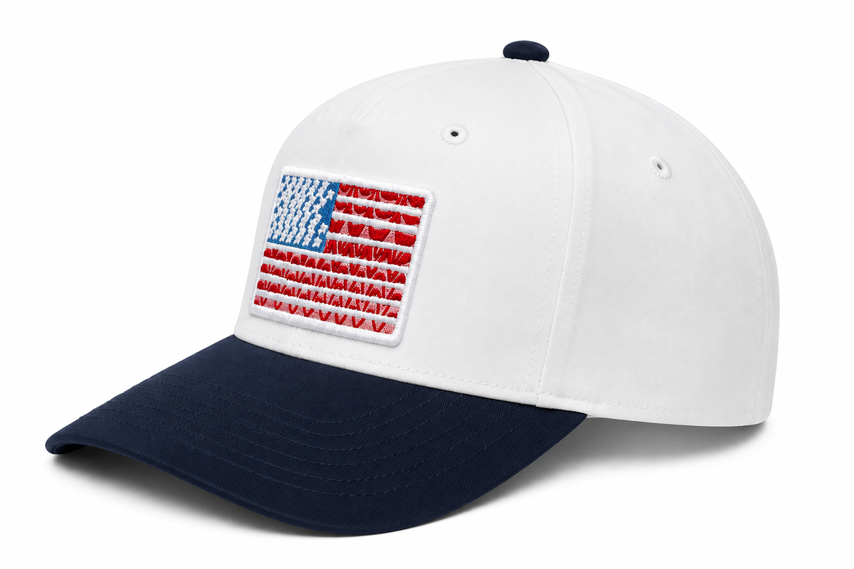Side view of American Flag Patch Baseball Cap in white with navy brim and solid back, shown on a white background.

