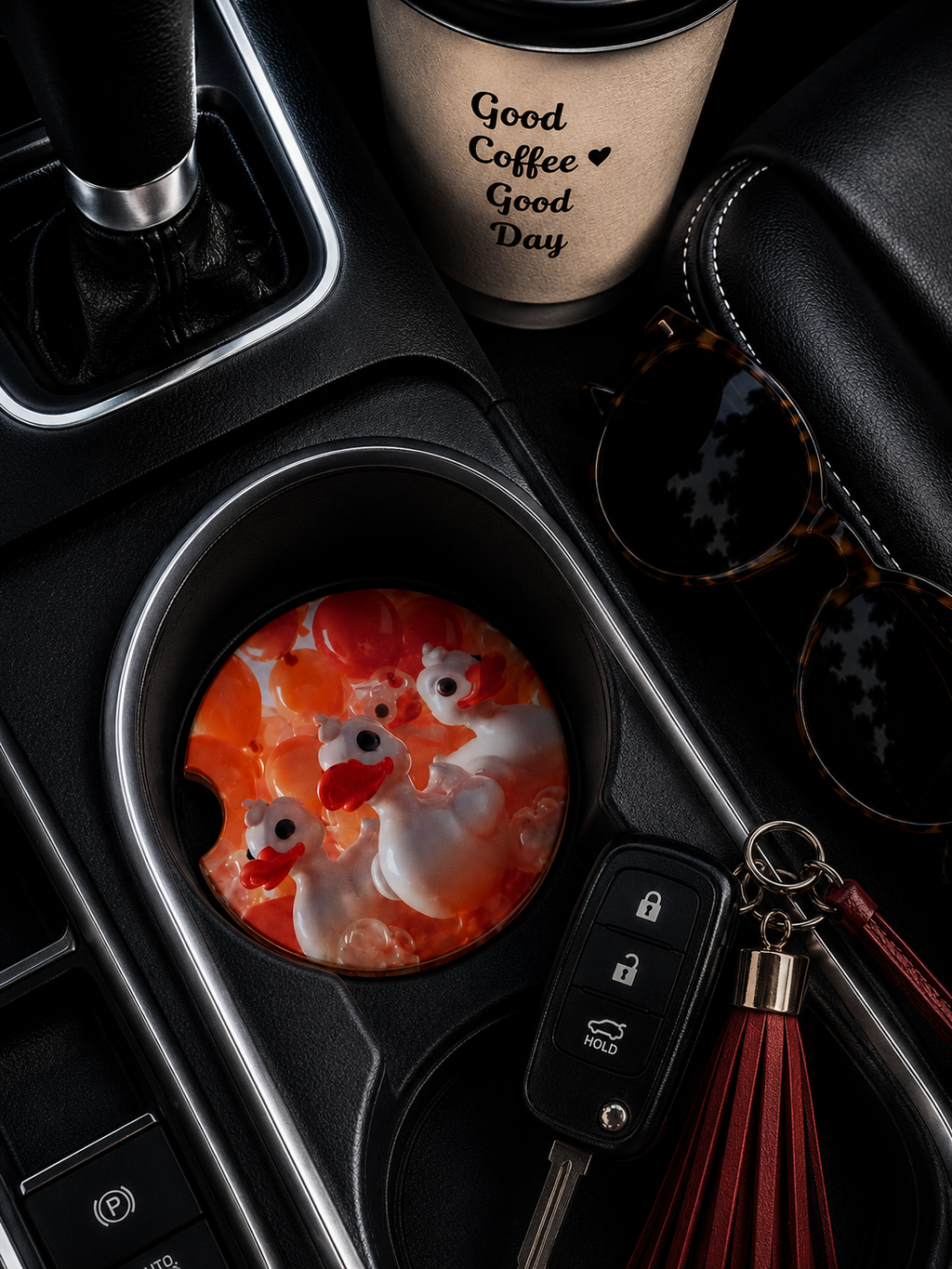 Resin Duck Art car coaster in cup holder — 3D white rubber ducks and red beads embedded in orange resin, shown in car console with coffee cup and sunglasses
