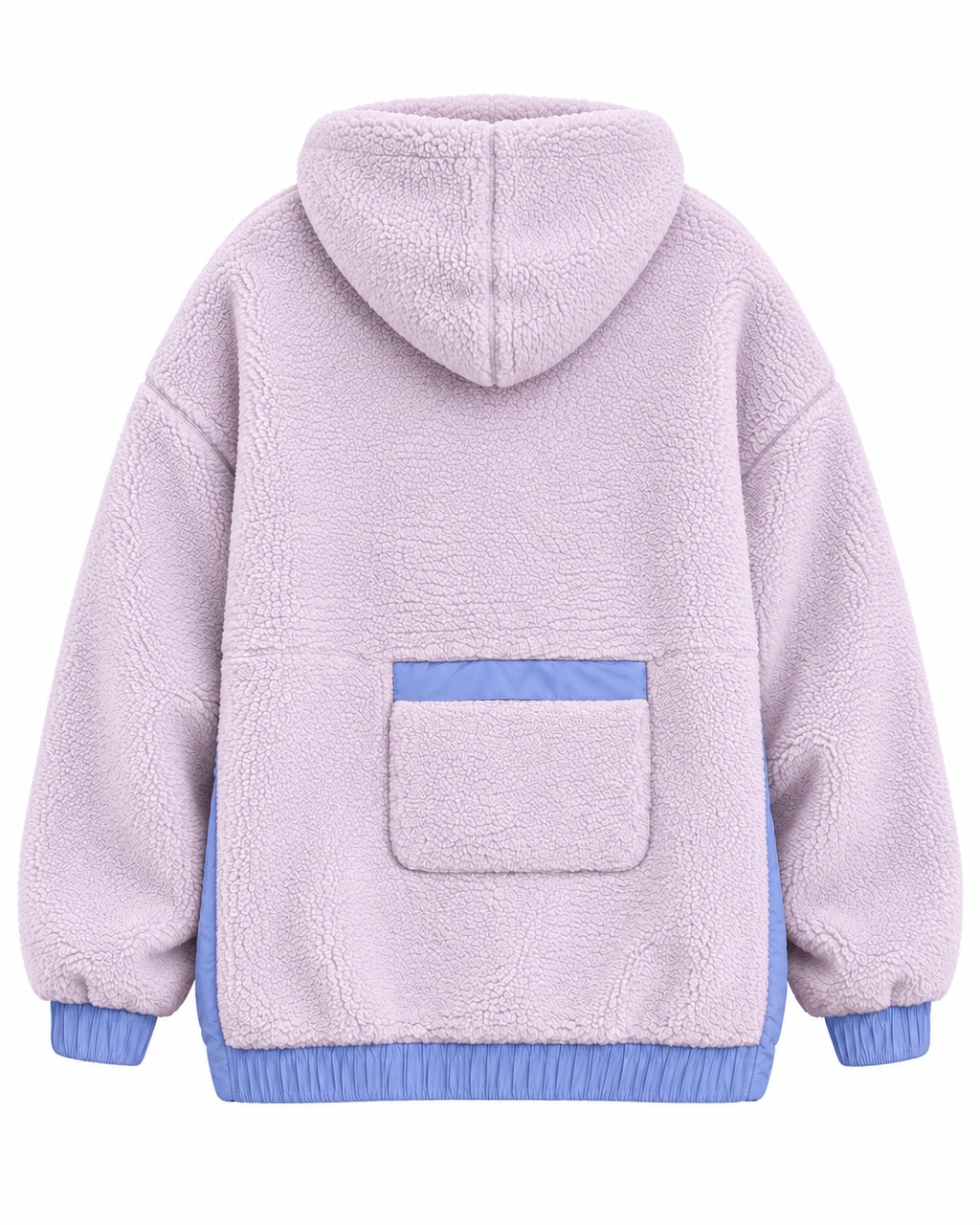 Back view of the light purple sherpa hoodie showing the hood, back patch pocket with periwinkle blue top trim, and contrasting cuffs and waistband
