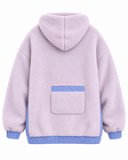 Back view of the light purple sherpa hoodie showing the hood, back patch pocket with periwinkle blue top trim, and contrasting cuffs and waistband
