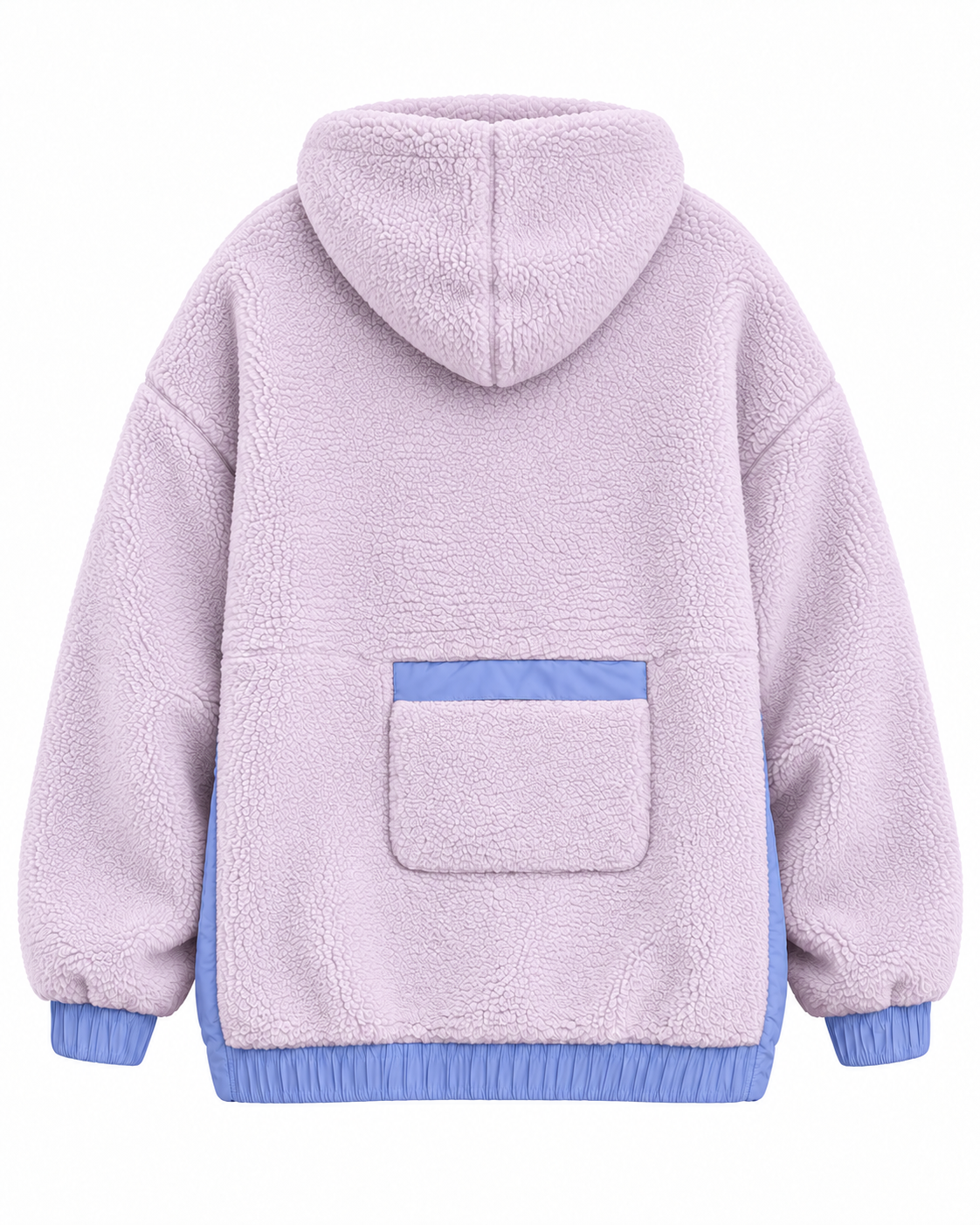 Back view of the light purple sherpa hoodie showing the hood, back patch pocket with periwinkle blue top trim, and contrasting cuffs and waistband
