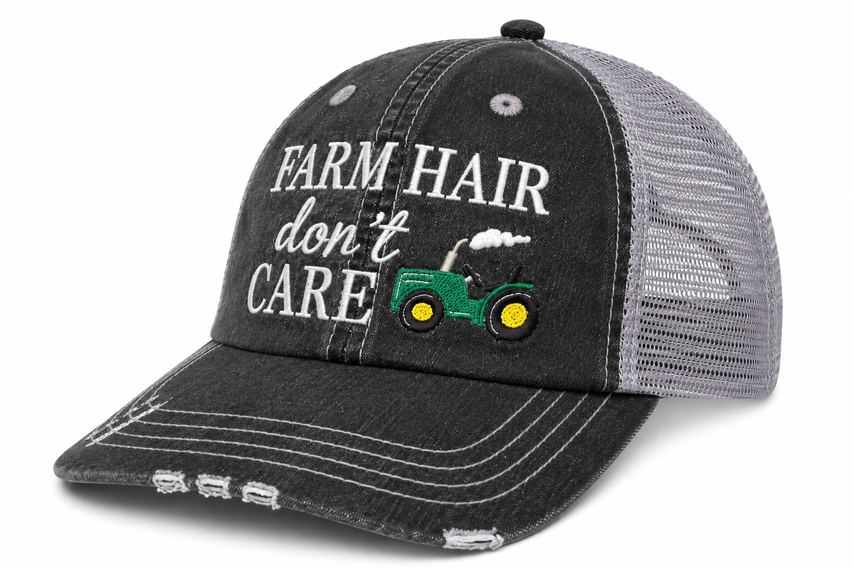 Side view of Farm Hair Don't Care trucker hat in distressed black with gray mesh back and embroidered lettering, shown on a white background.
