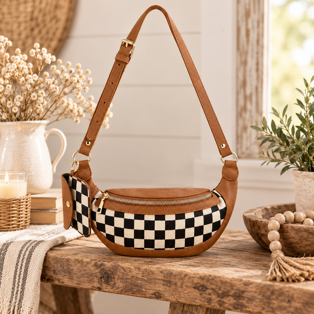 Duo Checkered Crossbody Bag in Camel on rustic wood bench showing black and cream checkered body with camel tan trim and gold hardware beside white ceramic pitcher with dried white florals, lit pillar candle in wicker holder, stacked books, and wood bead garland in wooden bowl on white shiplap background
