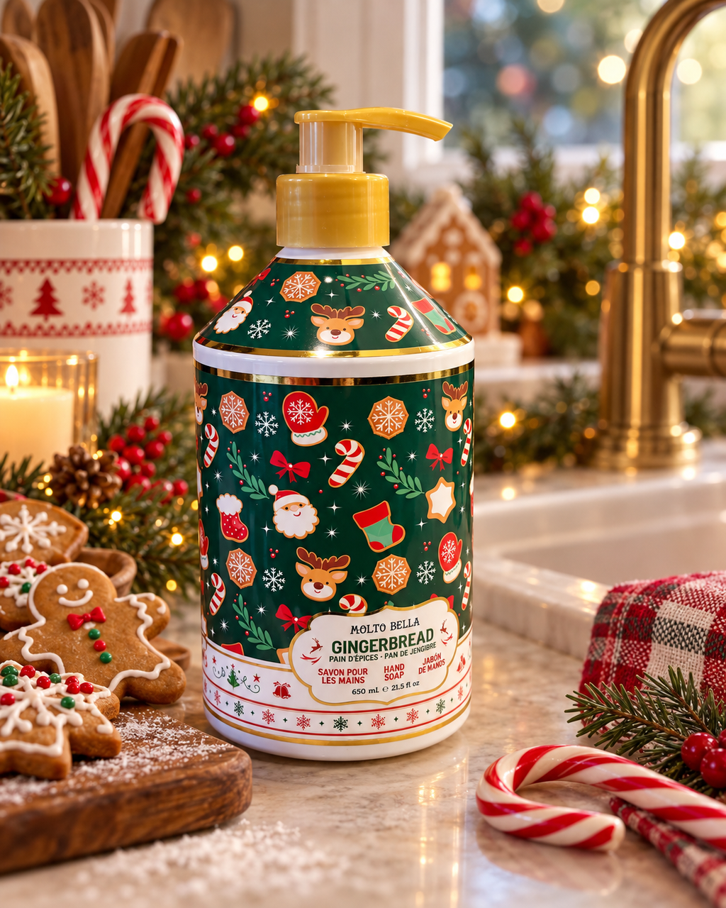 Molto Bella Gingerbread hand soap beside a sink with gingerbread cookies, candy canes, Christmas greenery, a plaid towel, and a gold faucet
