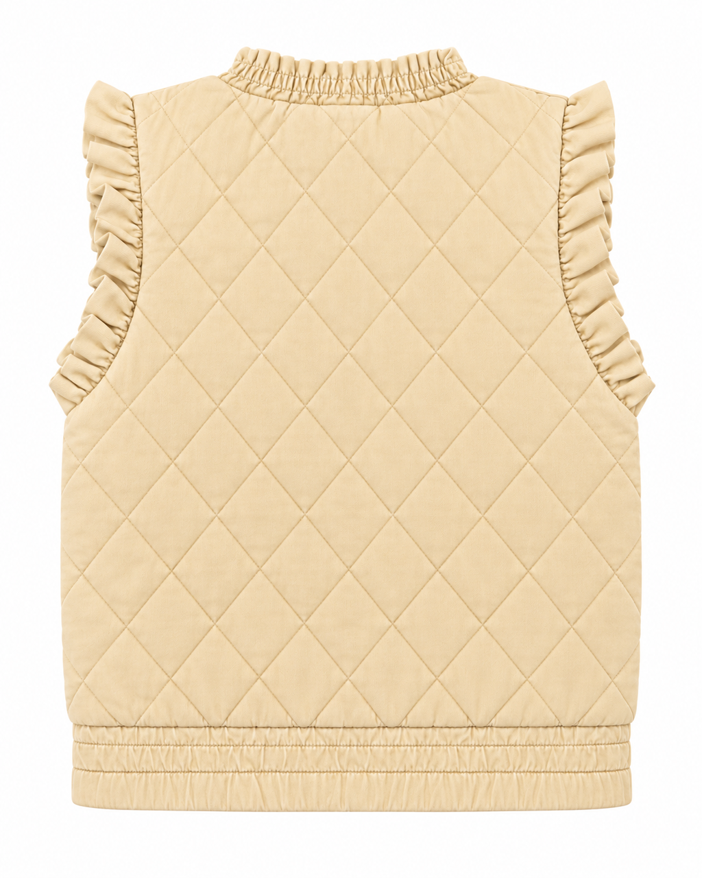 Back view of the beige quilted vest showing its smooth quilted panel and elasticized hem
