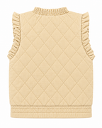 Back view of the beige quilted vest showing its smooth quilted panel and elasticized hem
