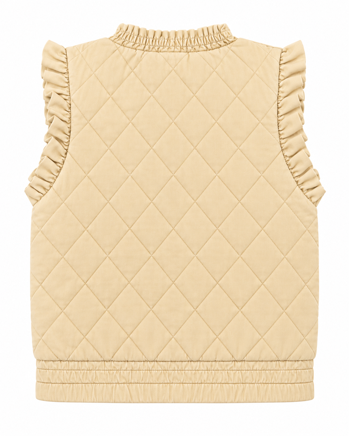 Back view of the beige quilted vest showing its smooth quilted panel and elasticized hem
